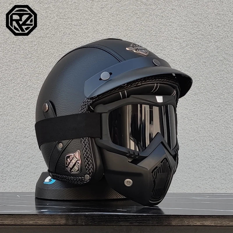 ORZ New PU Leather 3/4 Retro Cruising Motorcycle Helmet Summer Scooter Half Helmet with Mask Windshield DOT Approval