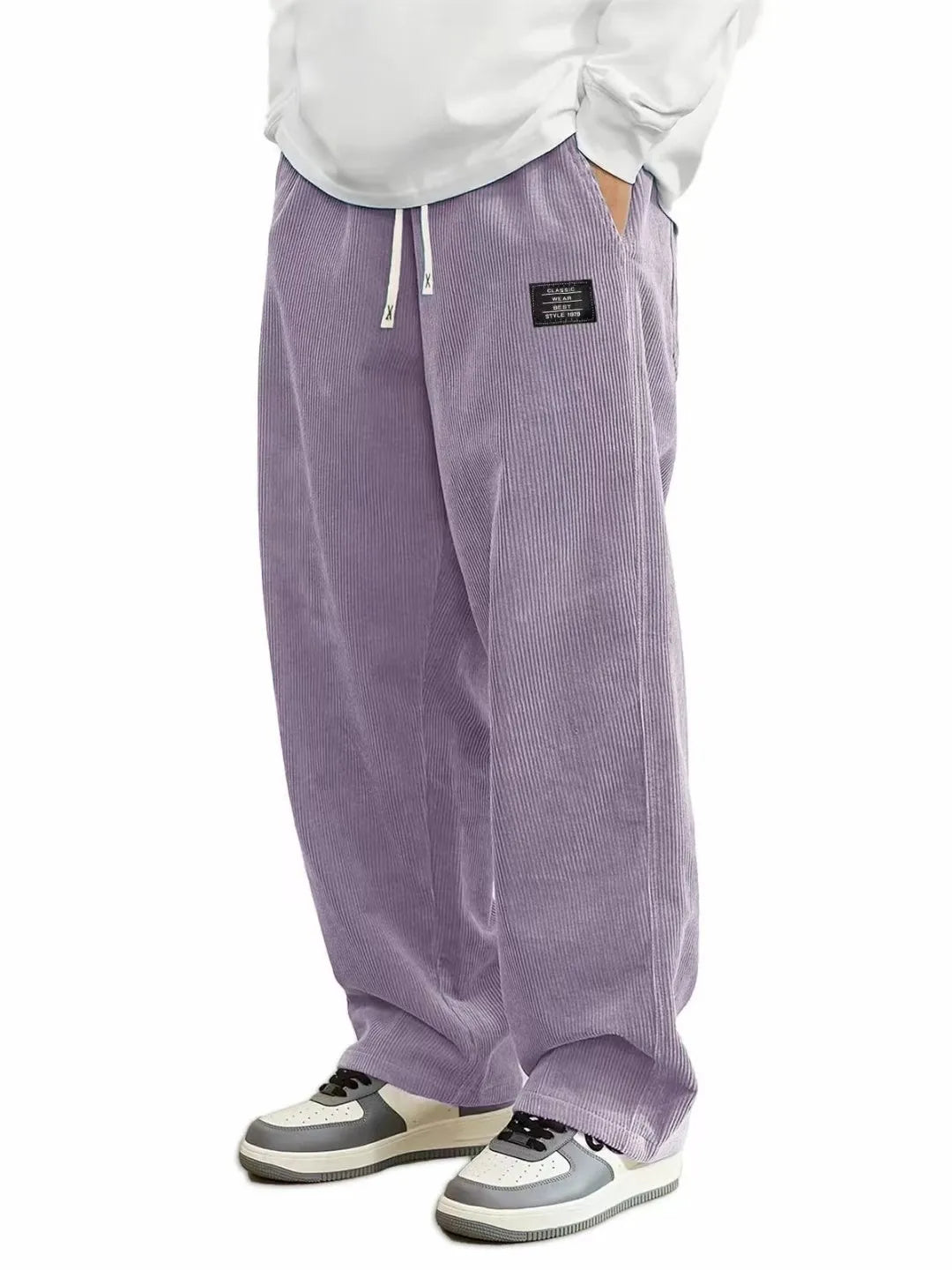 Men'S Corduroy Straight Leg Pants with Drawstring Waist, Pockets, and Logo Design - Stretchy, Casual Fit for Everyday Wear