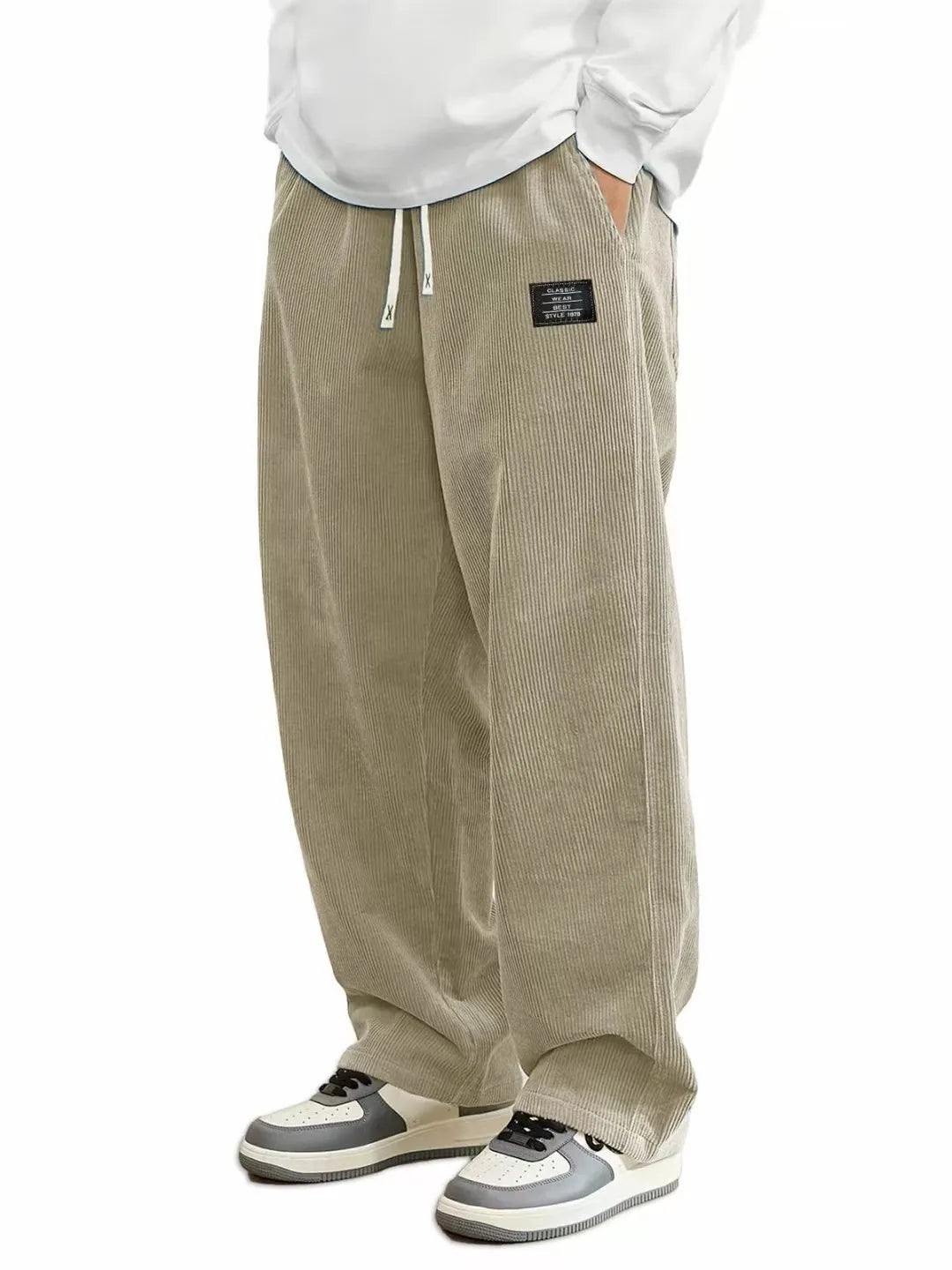 Men'S Corduroy Straight Leg Pants with Drawstring Waist, Pockets, and Logo Design - Stretchy, Casual Fit for Everyday Wear