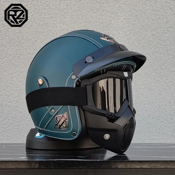 ORZ New PU Leather 3/4 Retro Cruising Motorcycle Helmet Summer Scooter Half Helmet with Mask Windshield DOT Approval