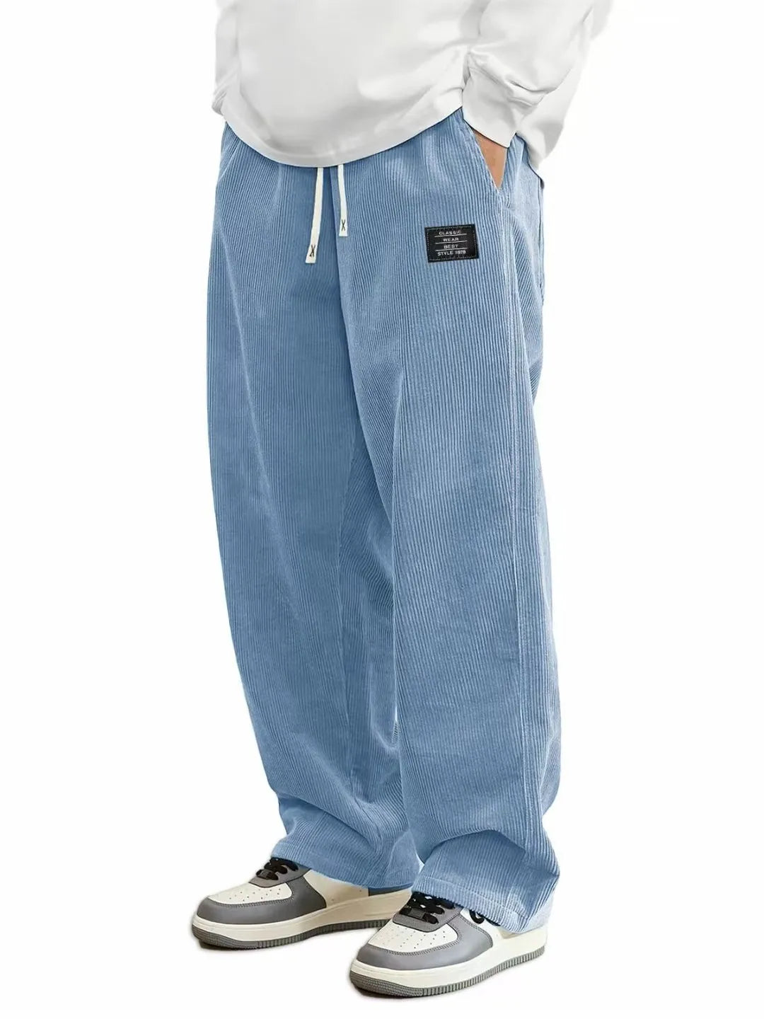Men'S Corduroy Straight Leg Pants with Drawstring Waist, Pockets, and Logo Design - Stretchy, Casual Fit for Everyday Wear